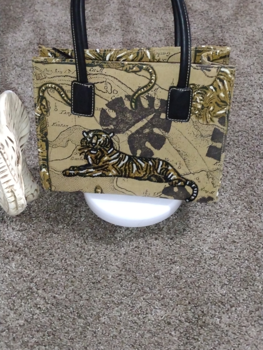Tiger Embroidered Tote Bag in Mustard Yellow - Women Bags